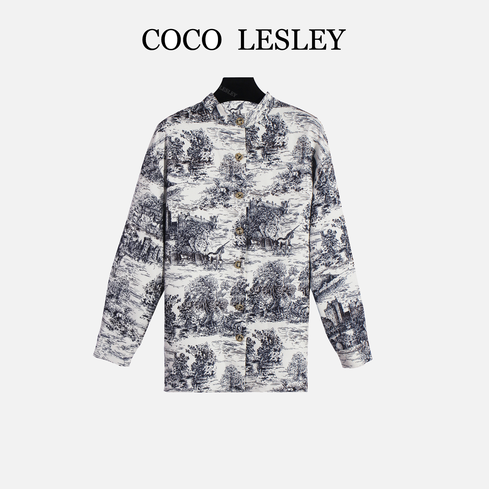 【CocoLesly】2025ss苏格兰茹伊印花水墨长袖宽松衬衫#0993