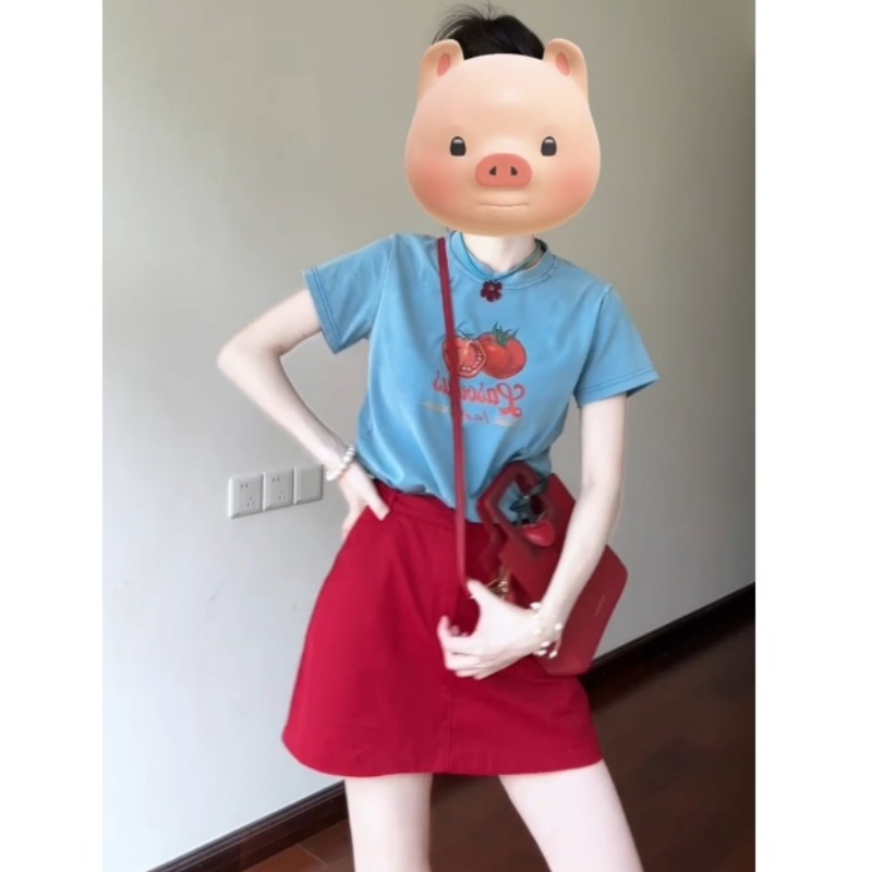 夏日一整套巨好看穿搭番茄女印花T恤短袖+红色半身裙LK2504973