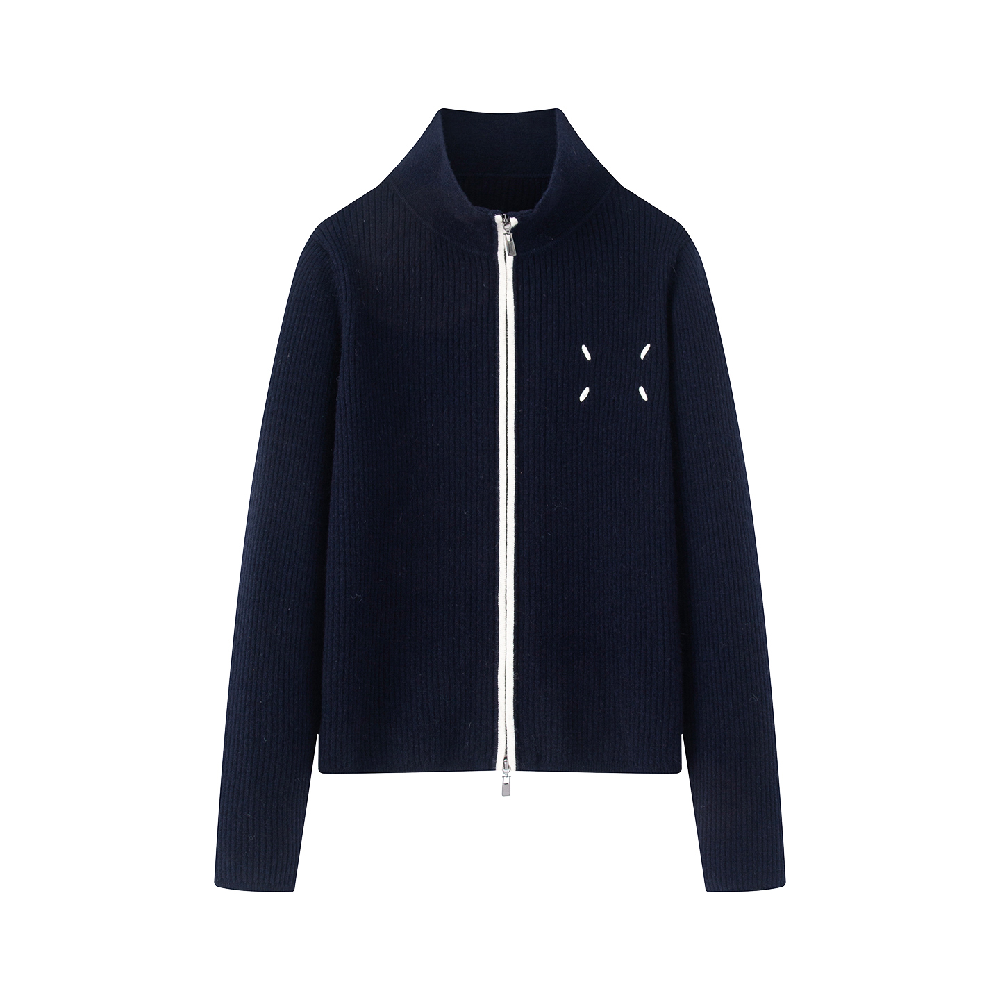 迪家2025年冬季新款双拉链立领开衫女藏青色短款针织衫外套467123