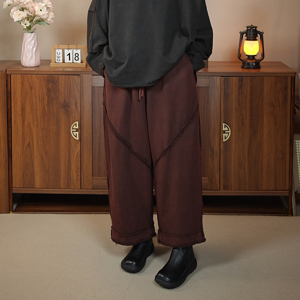 裤子女春秋装新款宽松阔腿休闲裤原创潮流拼接抽绳松紧腰九分裤