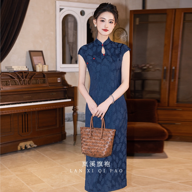 民国风新中式改良水滴领蓝色提花旗袍新款夏季女日常穿修身年轻款