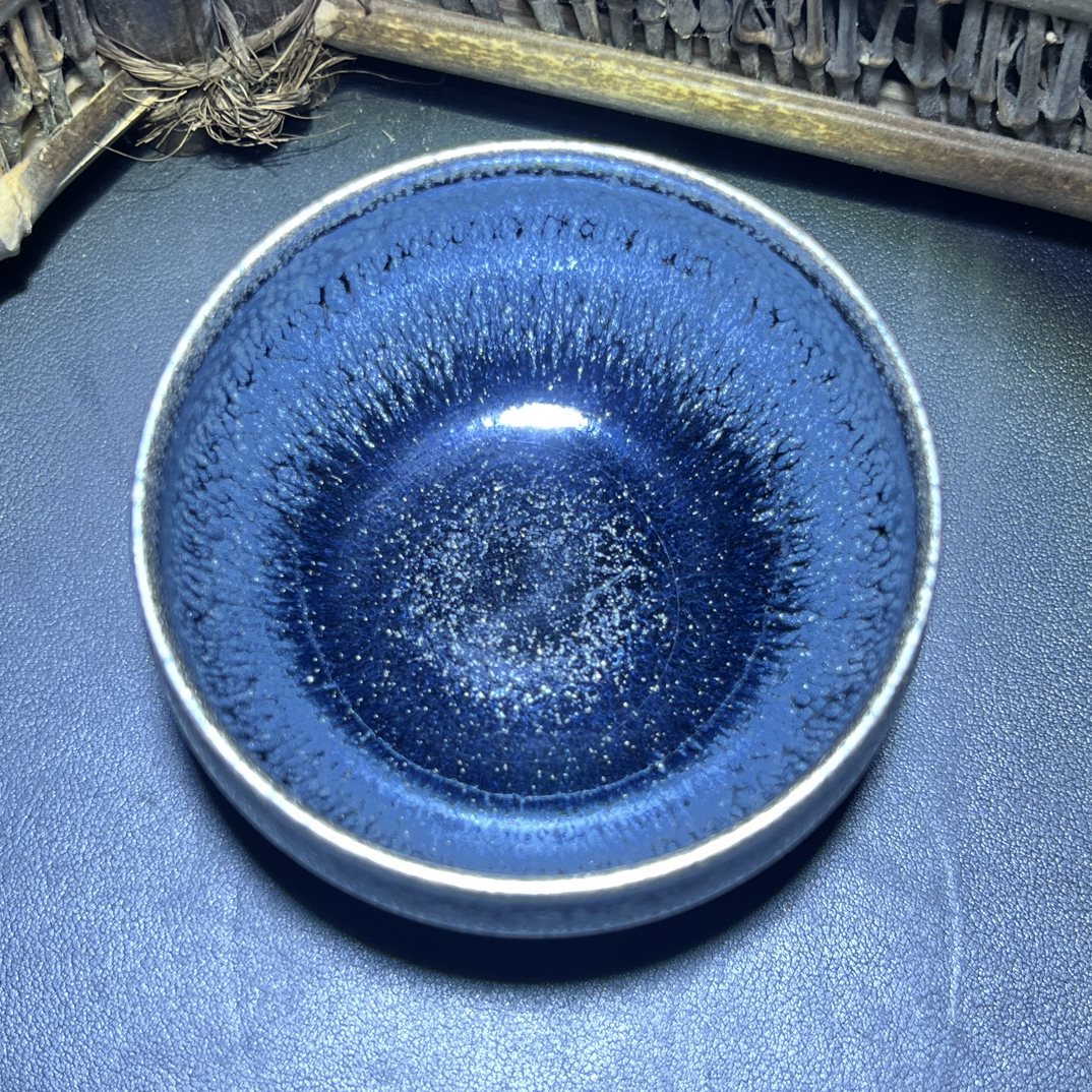 手工高端原矿釉建盏功夫茶主人杯铁胎黑底银滴