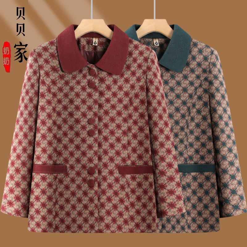奶奶春秋外套中老年人女气质格子上衣妈妈秋装长袖老太太高档衣服