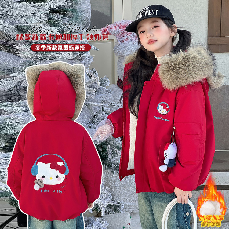 女童中大童冬季新款韩版刺绣KT猫加绒加厚氛围感毛领派克御寒