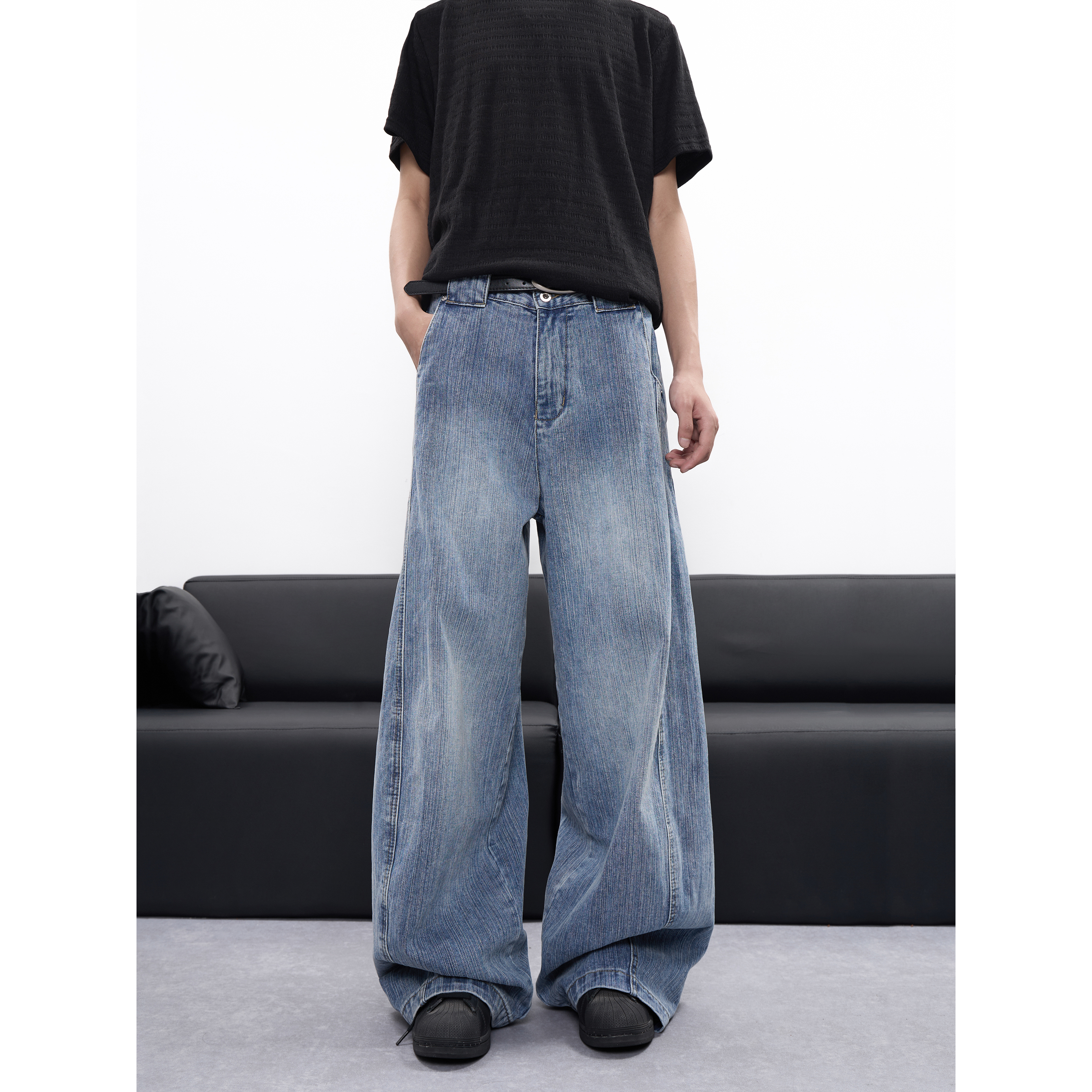 MKNS美式竹节解构宽松弯刀牛仔裤男女美式复古水洗阔腿长裤