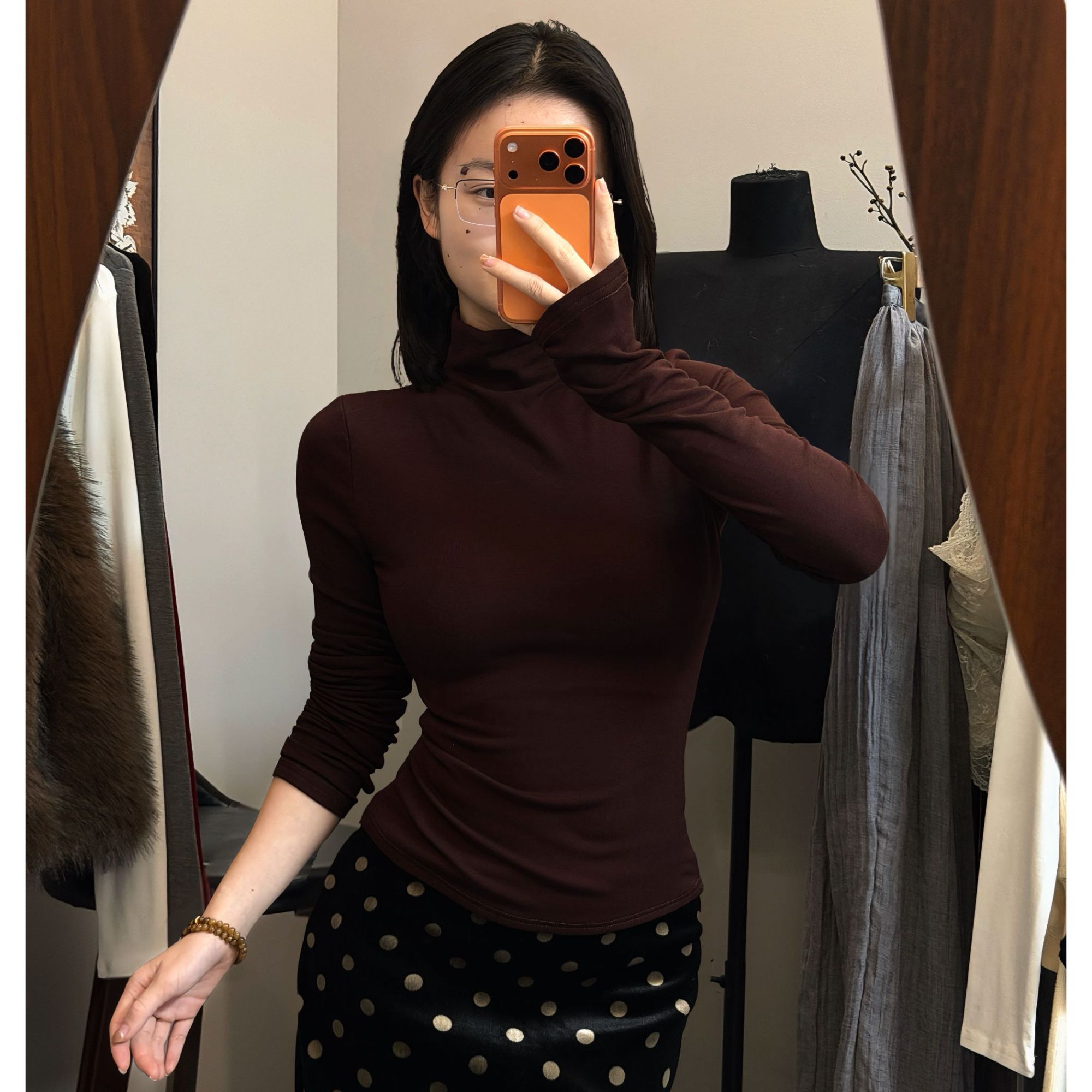 永茵|赫本棕影 加绒冬季长袖高领上衣秋冬