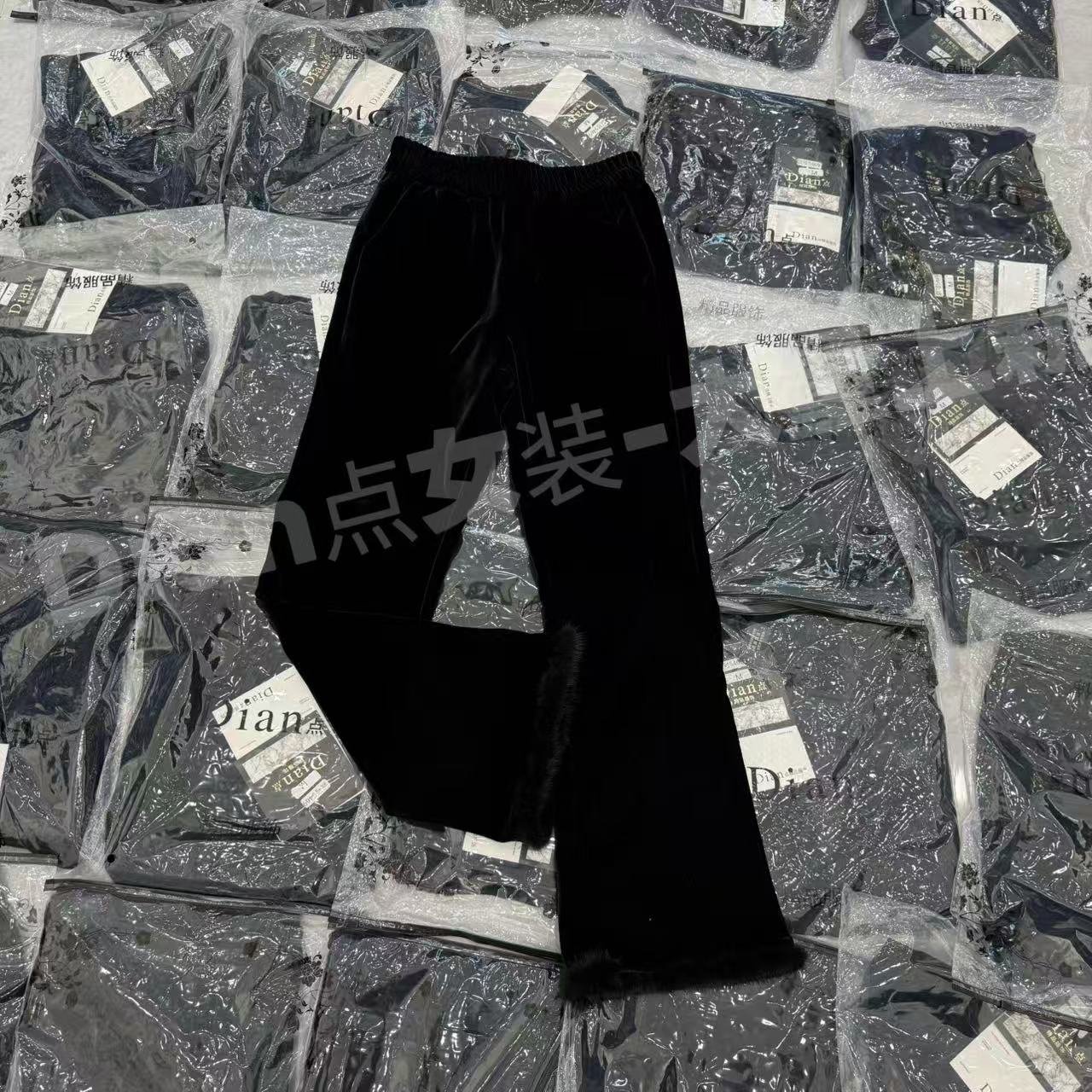 DD25秋冬季新款气质显瘦丝绒拼貂毛高腰加绒微喇裤5576