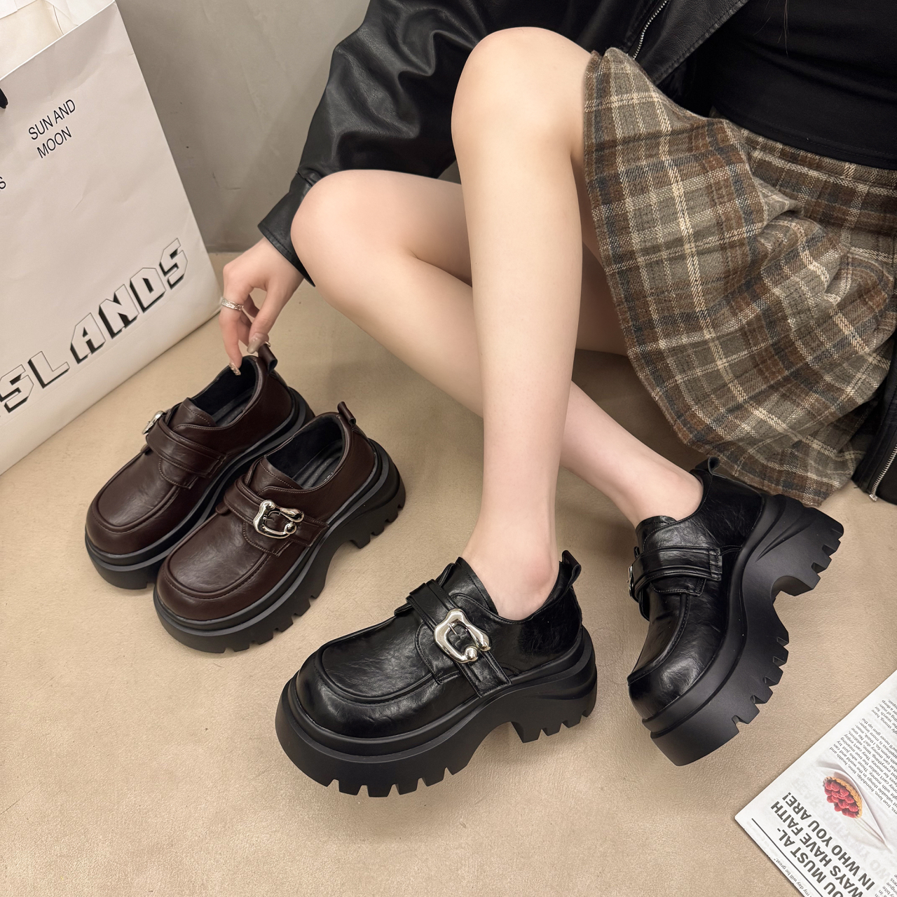 粗跟气质乐福鞋女2025年秋季新款英伦风增高小皮鞋配jk小个子单鞋