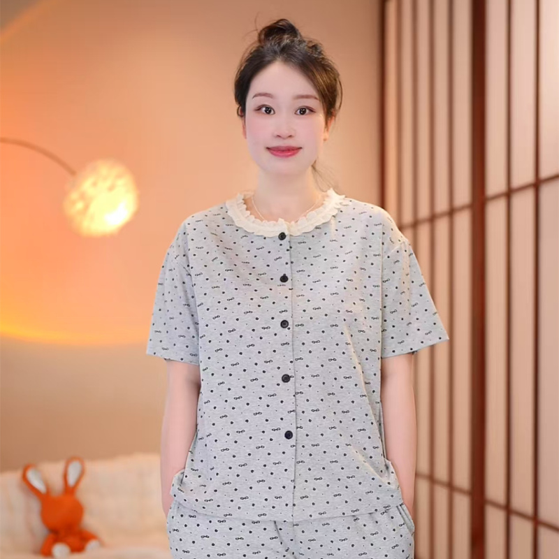 新品【灰色蝴蝶结～套装带胸垫】短袖长裤舒适棉质家居服套装可外穿
