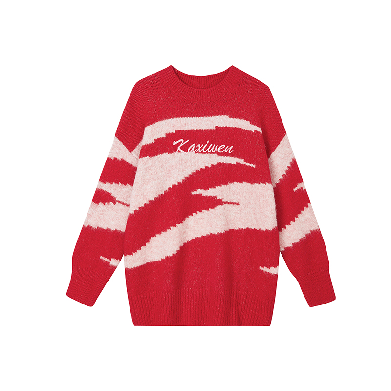 【达人专享】复古套头针织衫撞色嵌花字母刺绣宽松上衣女X09BZS8575