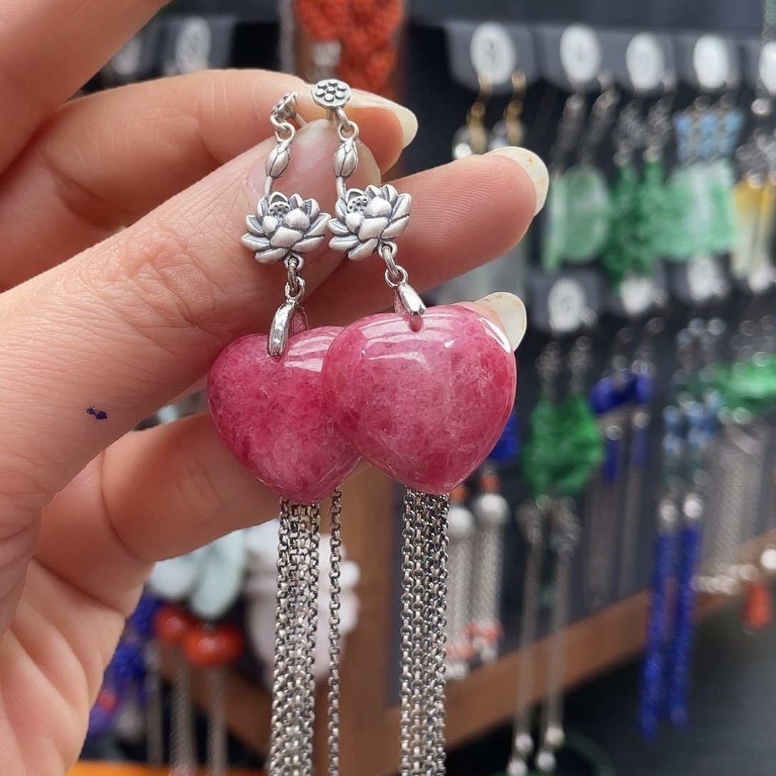 蔷薇辉石耳钉银S925镶嵌诗*277ghhhhj