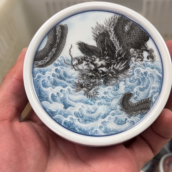 摆件瓷蓝色墨龙盖置微瑕疵