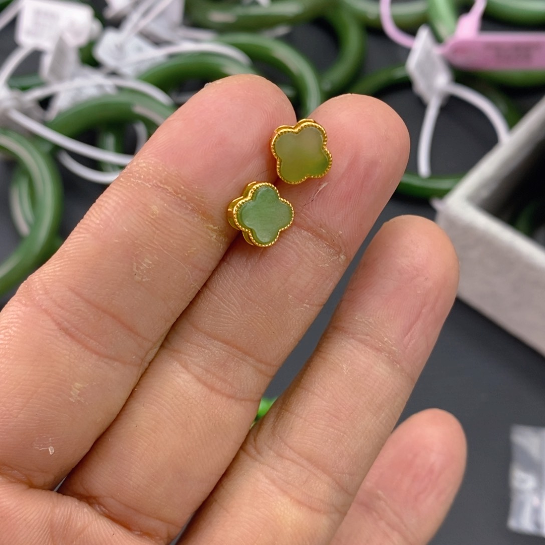 和田玉（碧玉）耳饰银S925镶嵌