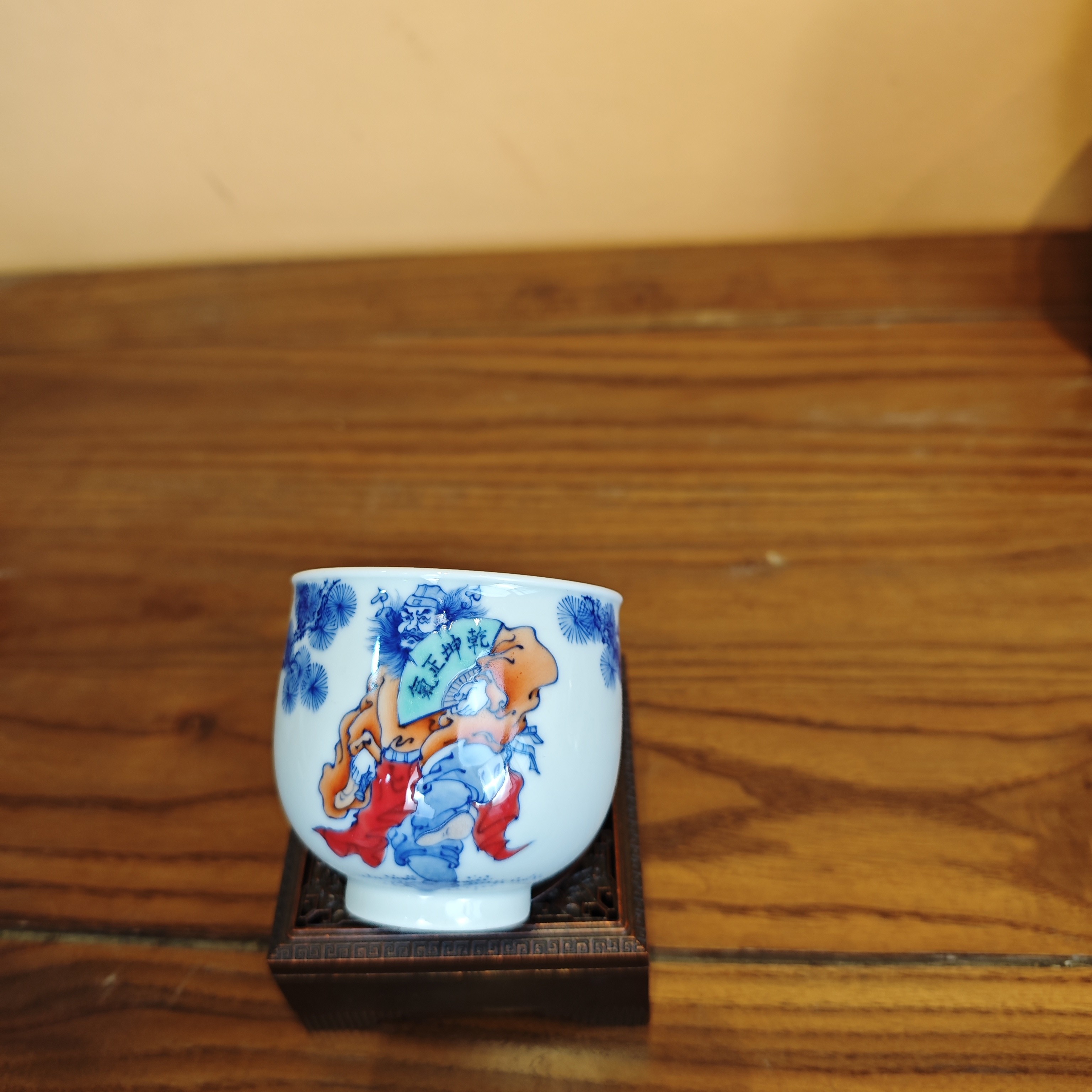 青花加彩手绘陶瓷钟馗人物杯茶杯口径6.5高6.5容量110