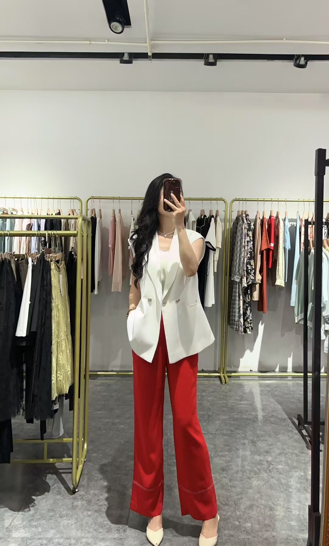 季候风西装常规春夏高腰直筒女装红色简约9分裤0202KF923