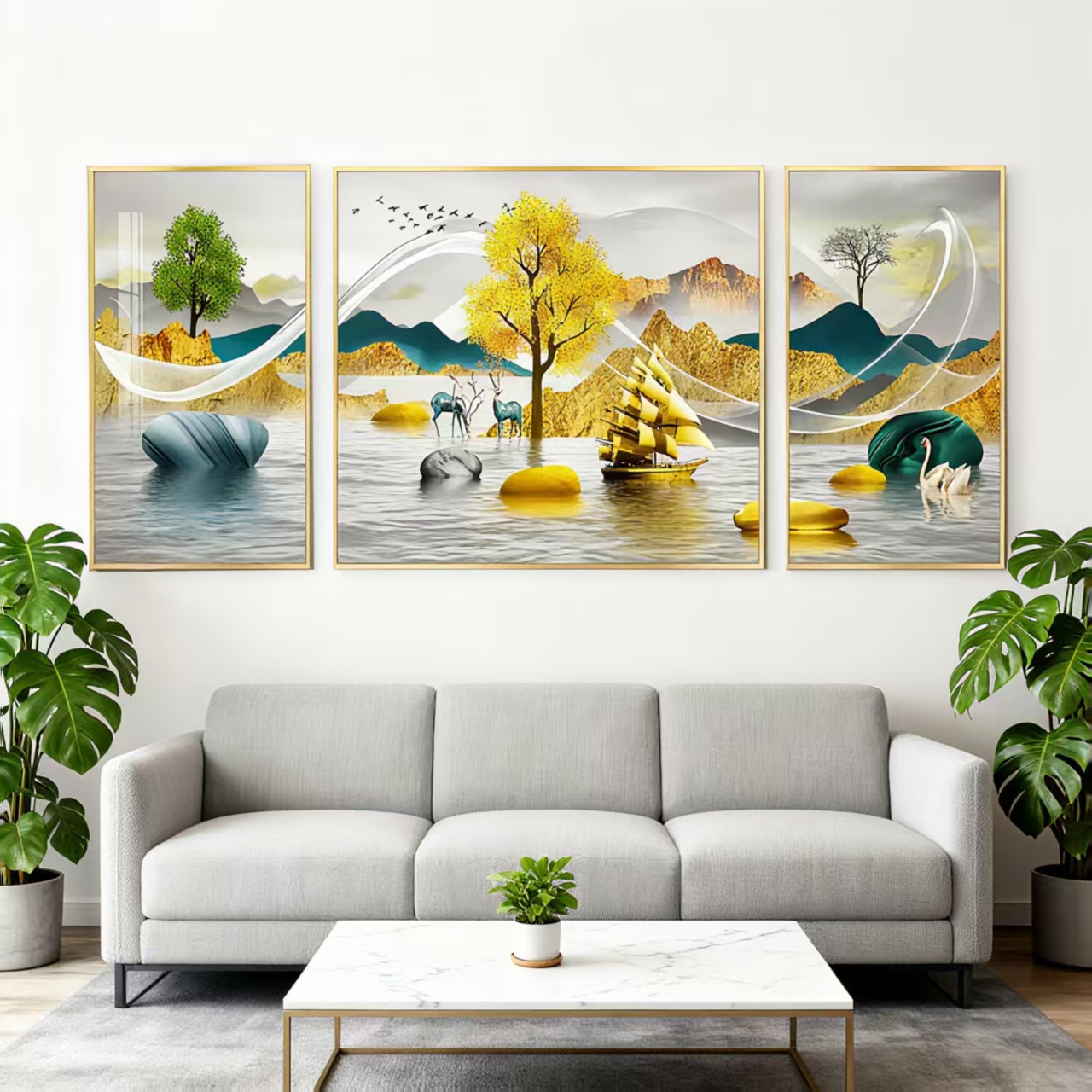 客厅装饰画晶瓷镶钻高档轻奢沙发背景墙挂画三联画壁画发财树帆船