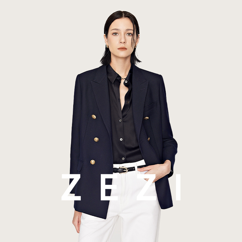 ZEZI清仓-CE同款精纺羊毛复古双排扣气质通勤西服Z14A151J
