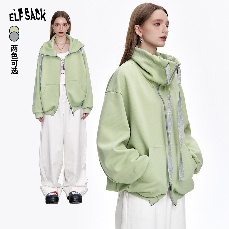 妖精的口袋慵懒宽松拉链开衫卫衣女2025春季新款撞色抽绳休闲外套