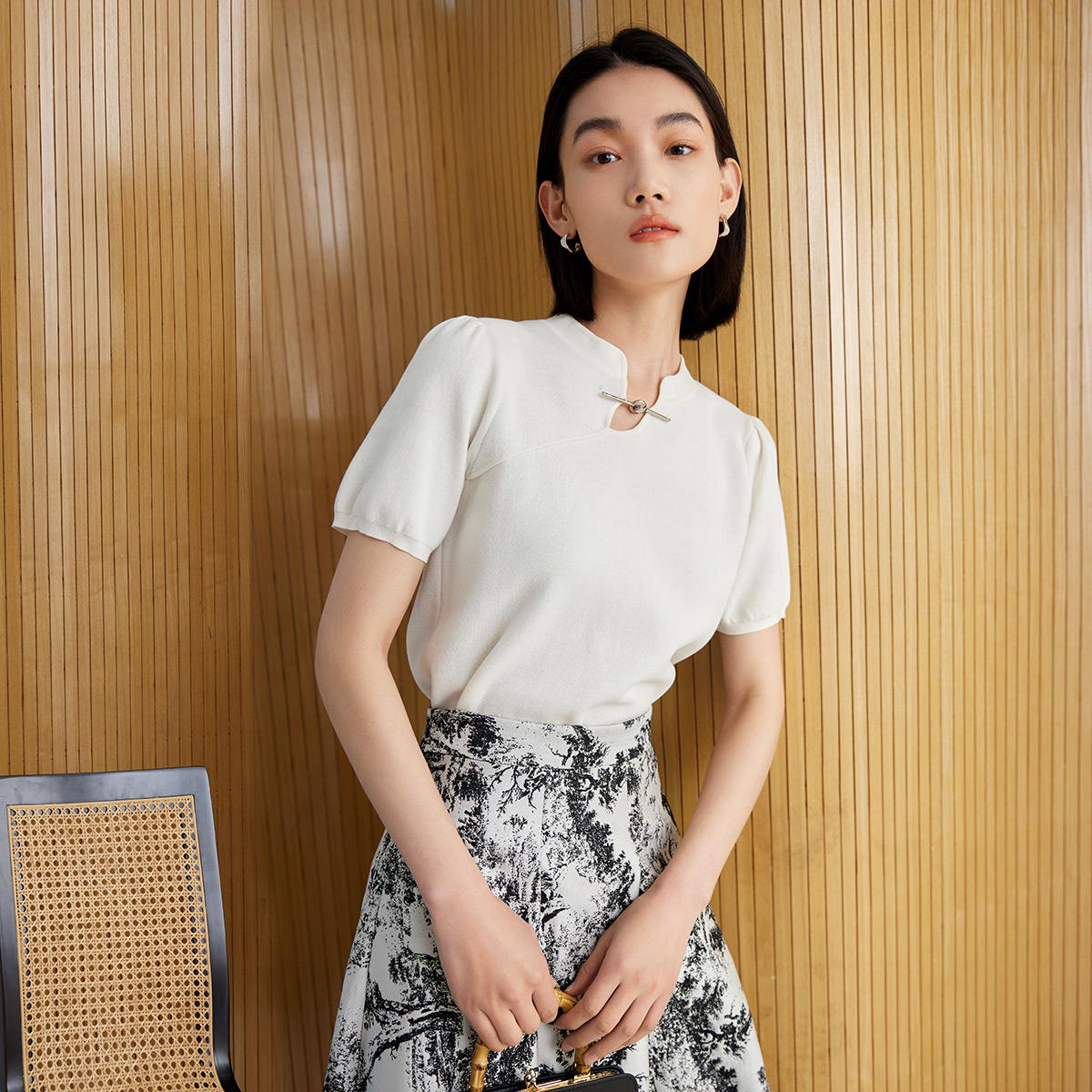 【达人专属】夏季新款新中式时尚小立领短袖针织衫t恤女G163110
