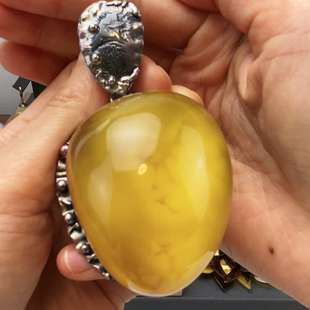 琥珀裸石银S925镶嵌吊坠