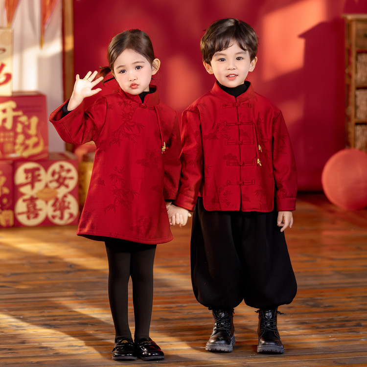 儿童冬季汉服红色元旦表演服拜年服古风唐装国风男女童新中式套装