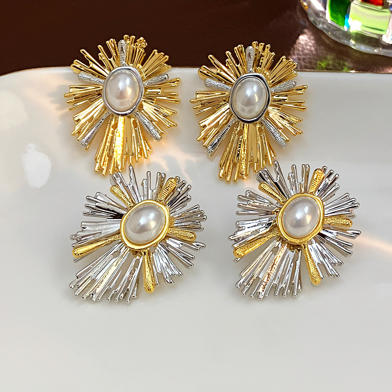 纯铜仿珍珠耳饰 欧美夸张个性拼色太阳花耳环设计百搭冷淡风耳饰