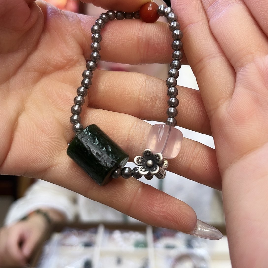 和田玉（碧玉）手链未镶嵌转运珠