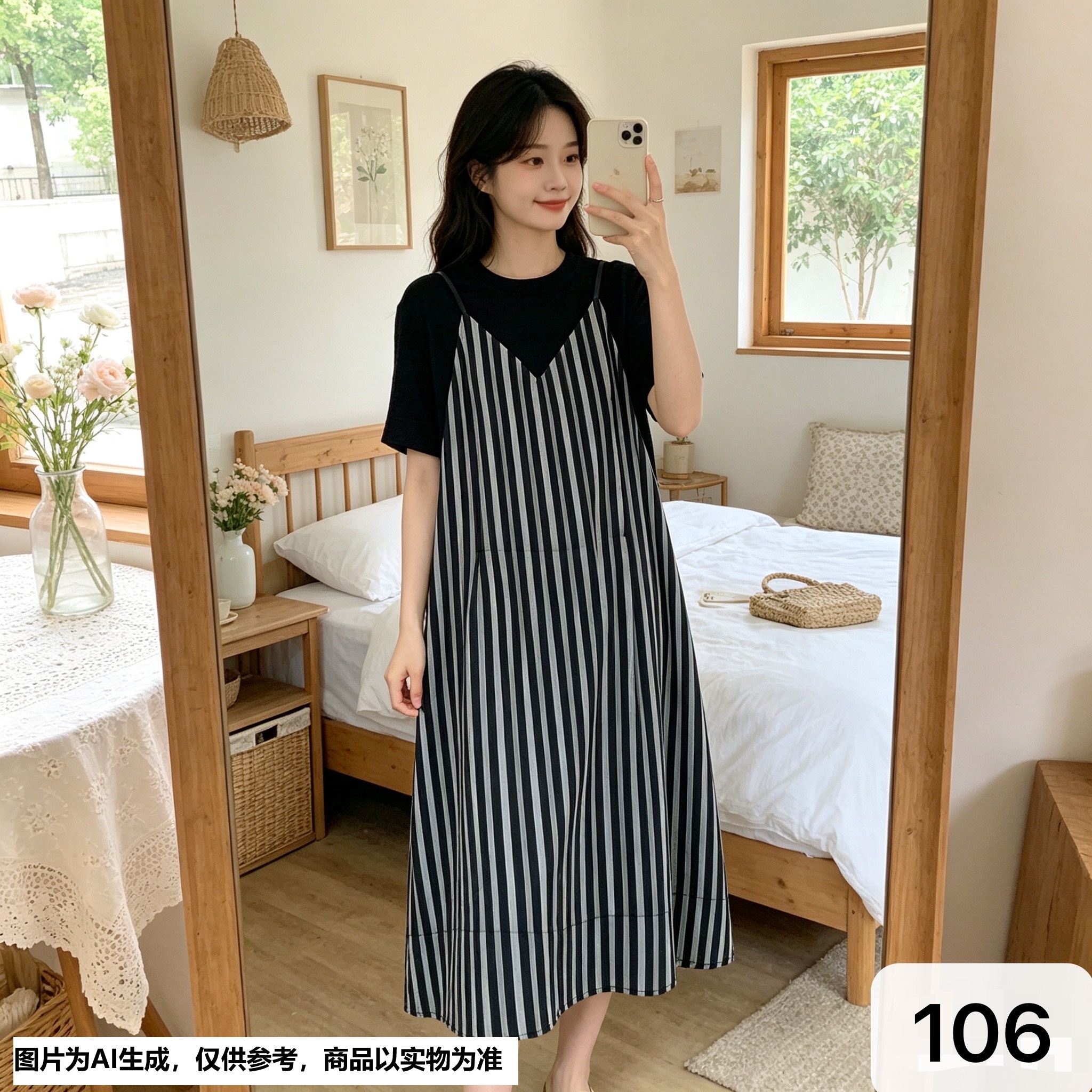 【Annie 106】春夏款黑白条纹假两件休闲宽松大码显瘦长裙