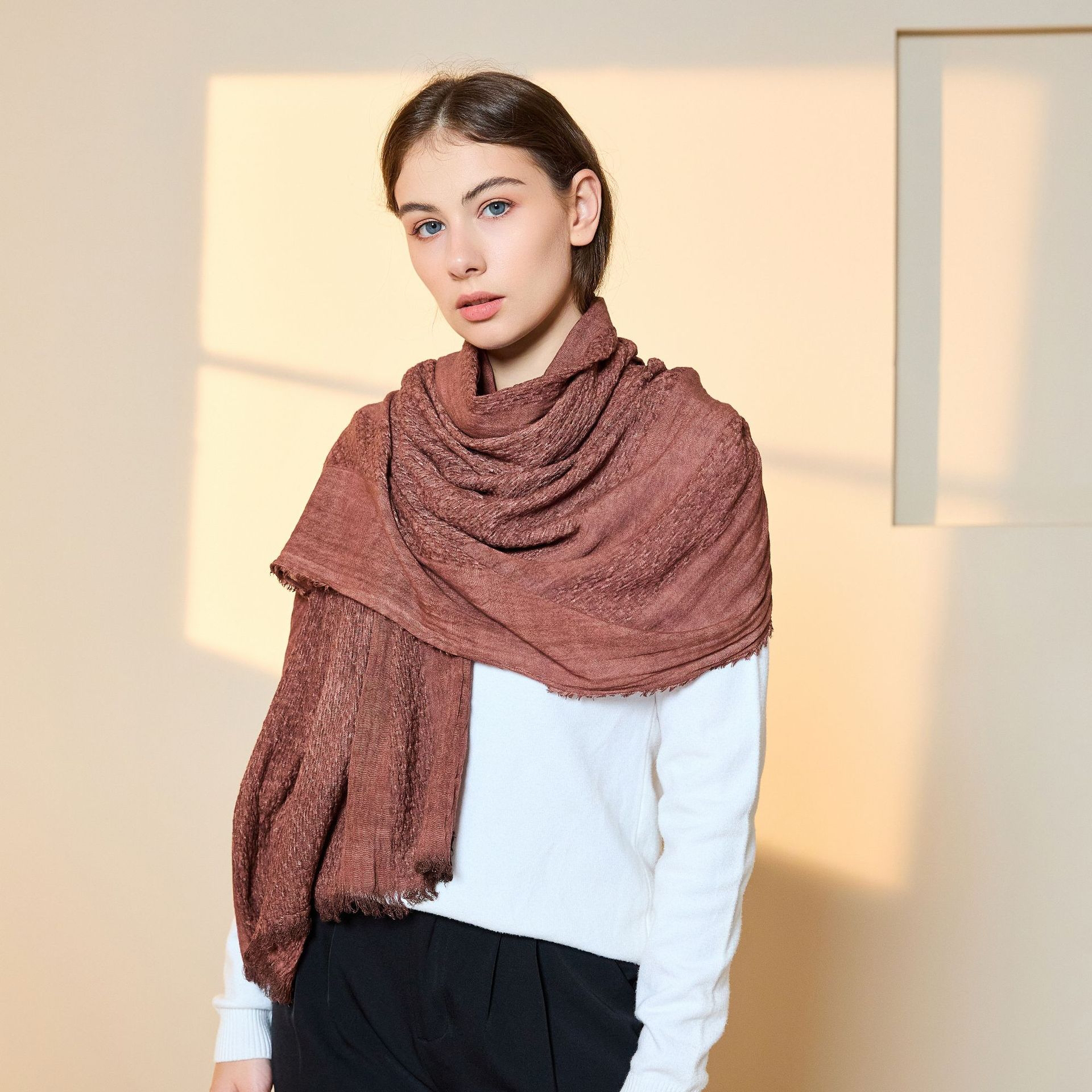 纯棉复古提花围巾女文艺森系短须毛边防晒丝巾披肩秋冬百搭