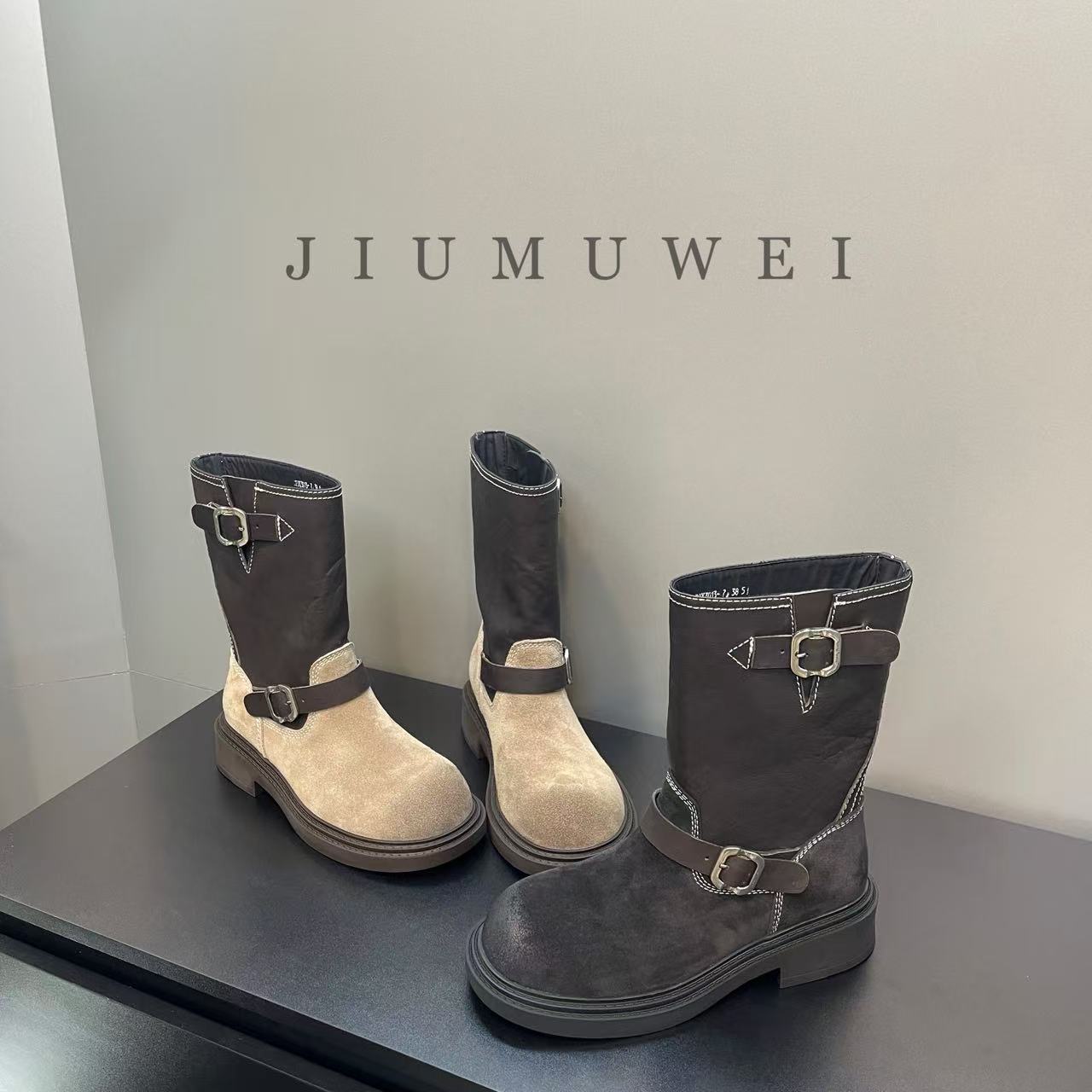 JIUMUWEI  早秋时尚高丝光平底短靴  2185  3013-7