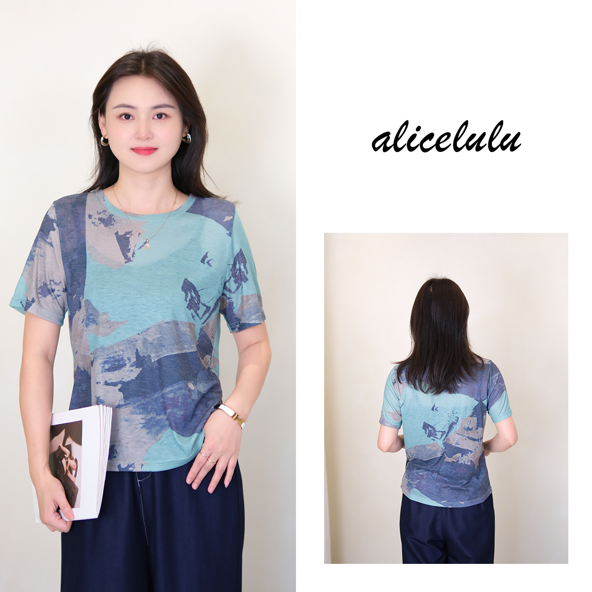 2 alicelulu 复古短袖T恤圆领时尚减龄宽松显瘦上衣S2143561L