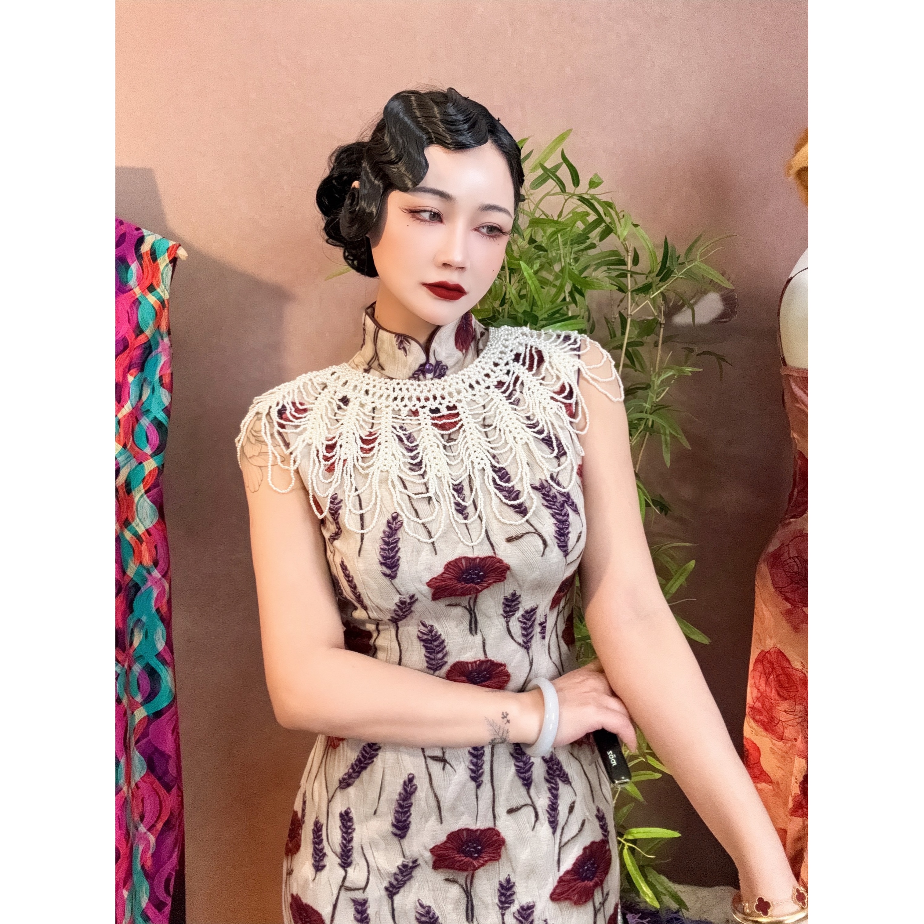 四月芳菲【云肩都在这】仿珍珠重工披肩旗袍搭配流苏手编