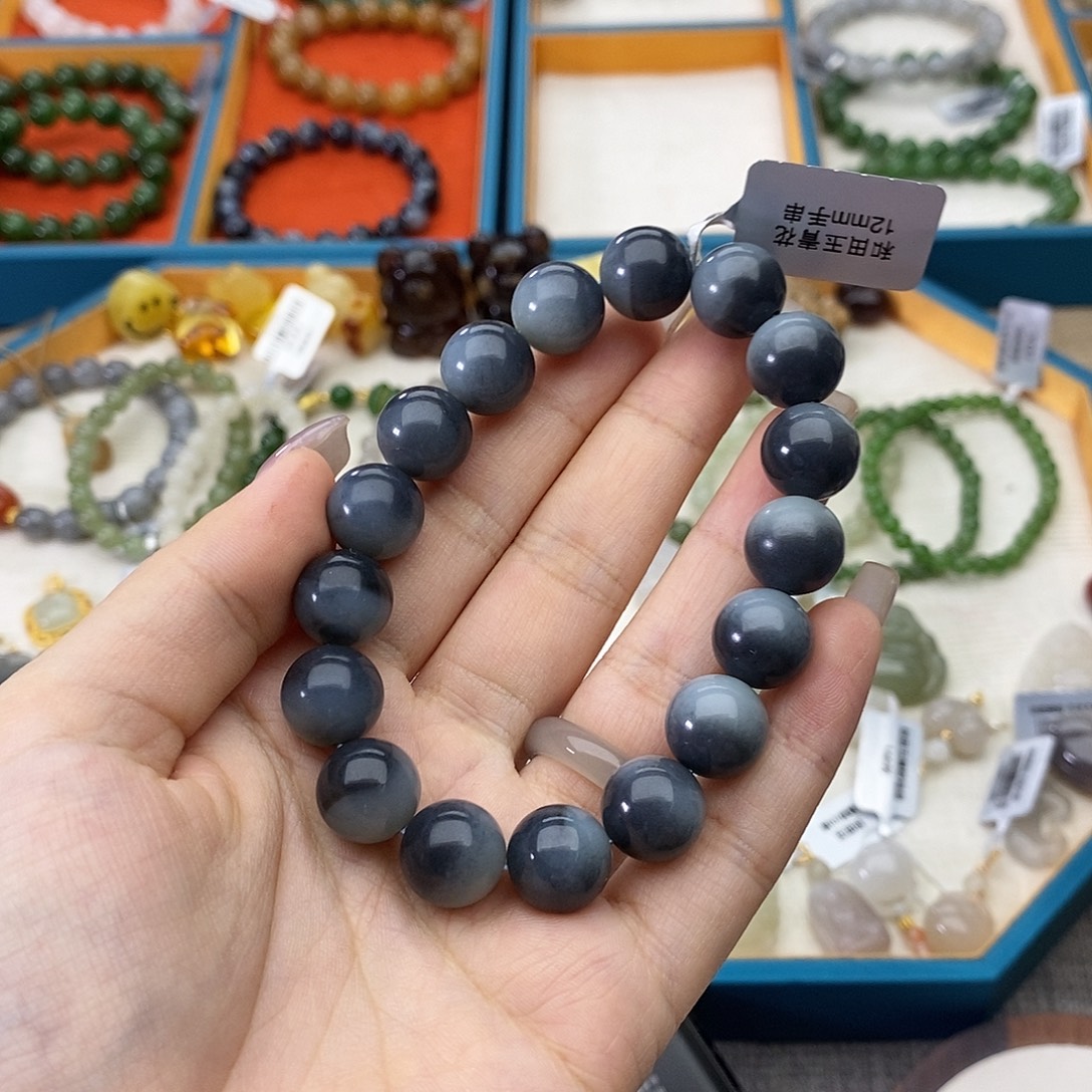 和田玉未镶嵌手链w46青花12mm