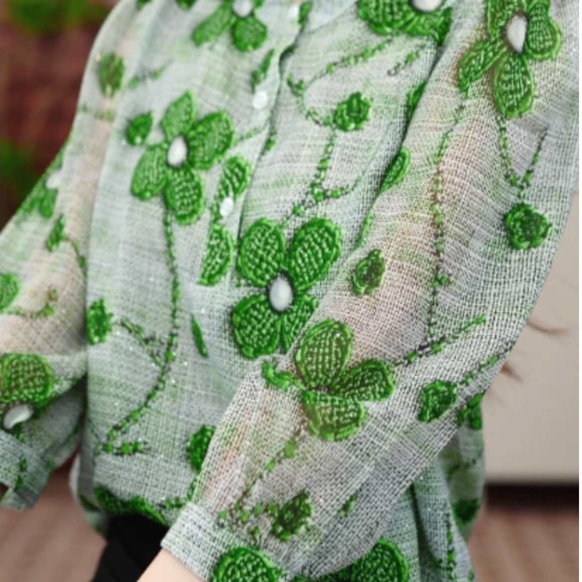 A10006#女士圆领四叶草休闲印花衬衫