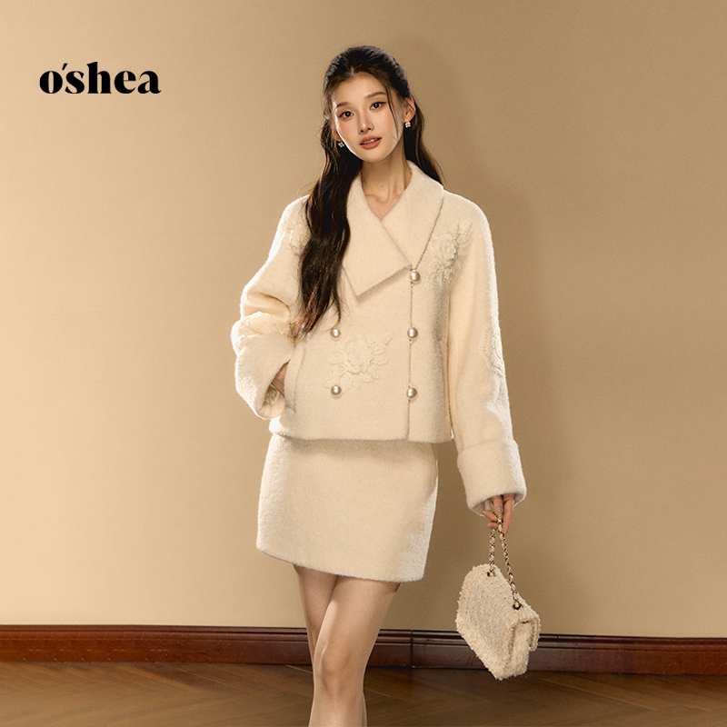oshea【官方专享】法式千金风毛呢外套女2025慵懒短外套时尚套装