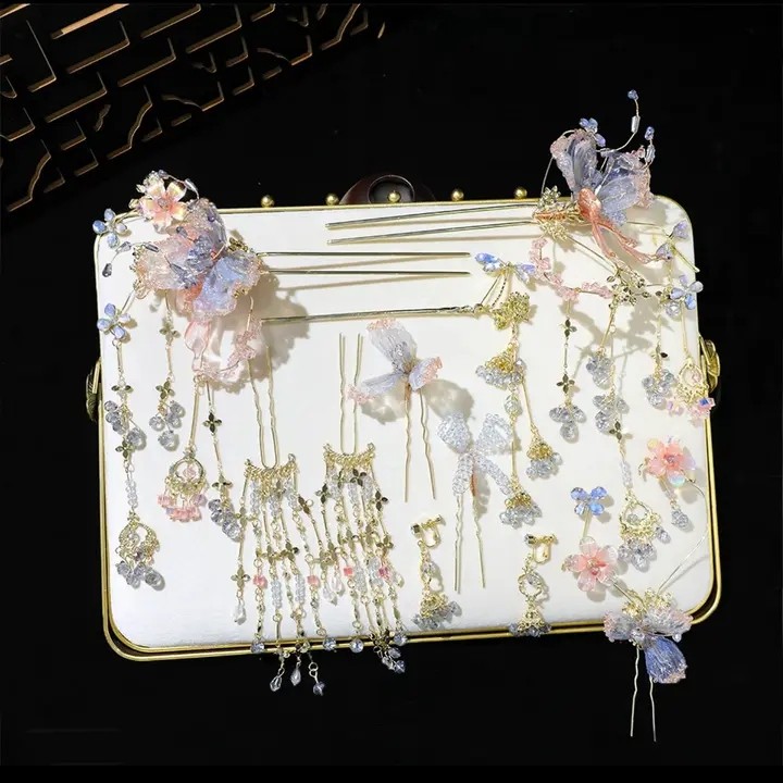 新款高级感新中式蓝粉色凝胶花瓣水晶发钗新娘结婚头饰