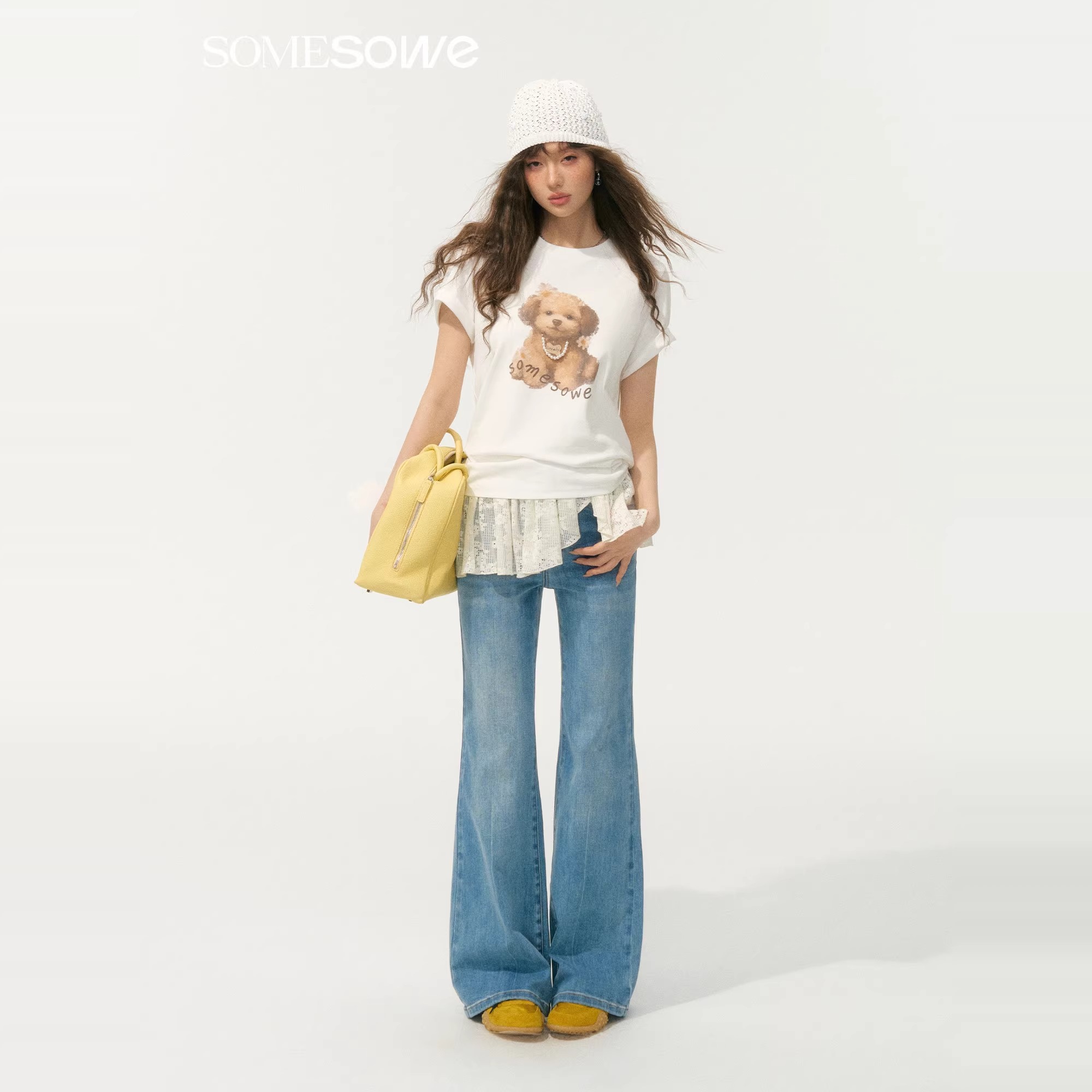 SOMESOWE 官方授权 2025夏款蕾丝微喇牛仔裤女浅蓝显瘦宽松阔腿裤