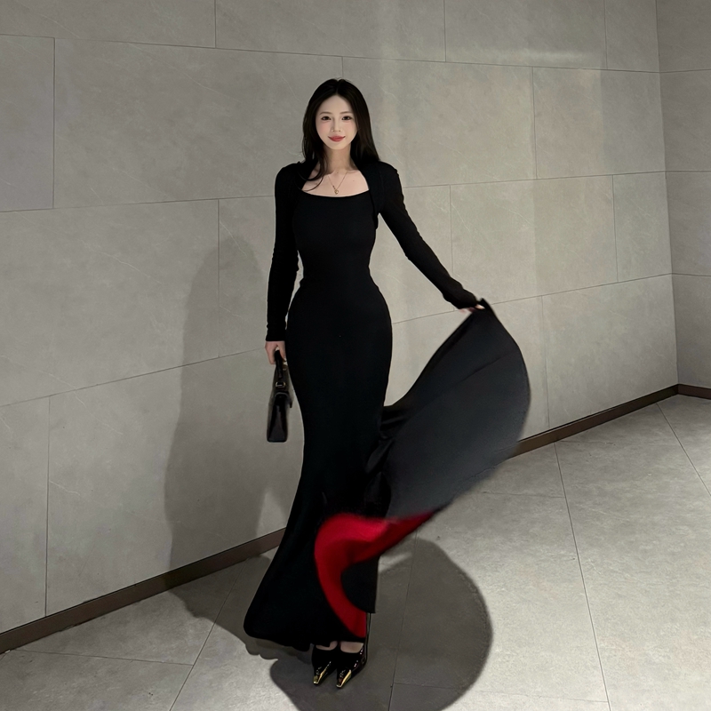 【红底加厚复合绒】秋冬步步生莲方领显瘦百搭包臀鱼尾裙气质长裙