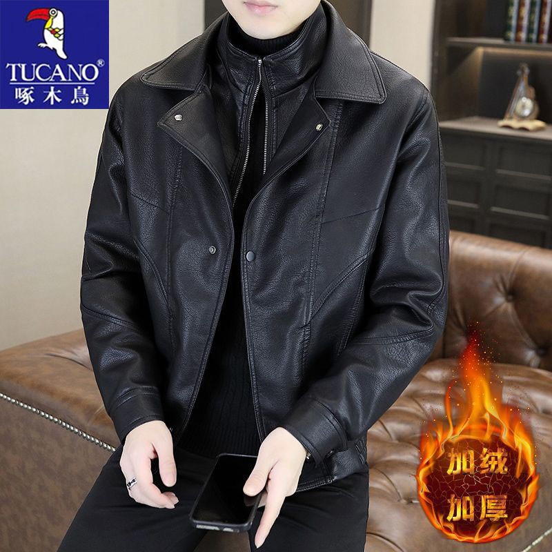 啄木鸟秋冬加绒保暖皮夹克男士外套休闲时尚潮牌防风皮衣男装衣服