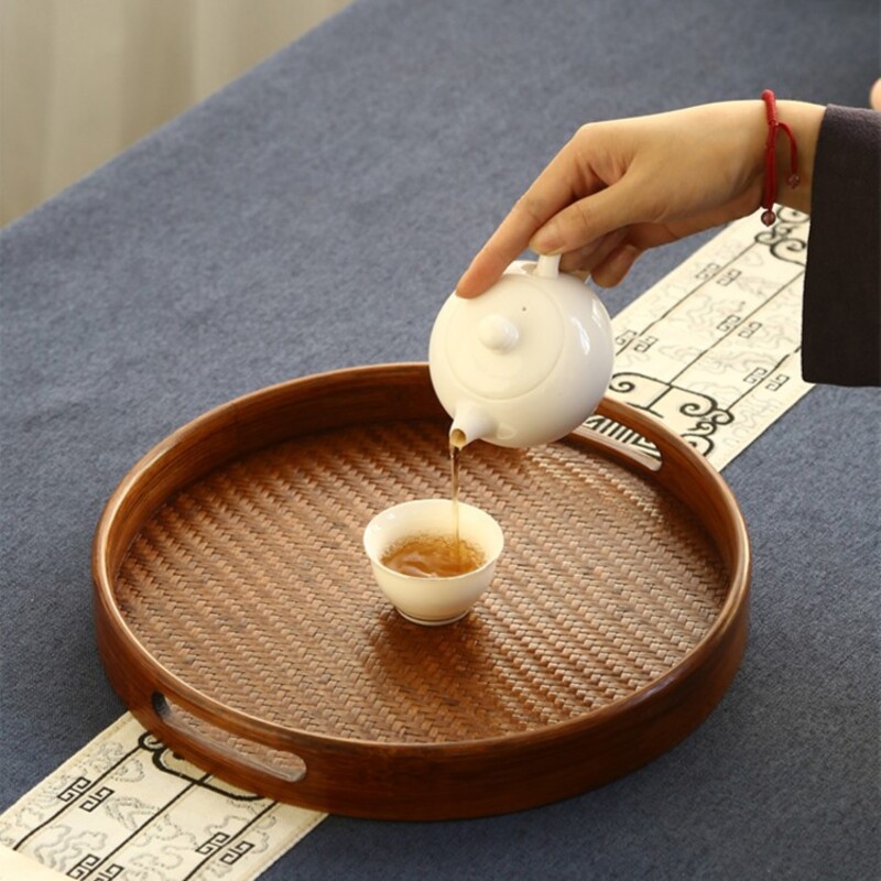 手工竹编复古圆形茶具收纳盘家用茶水盘果盘