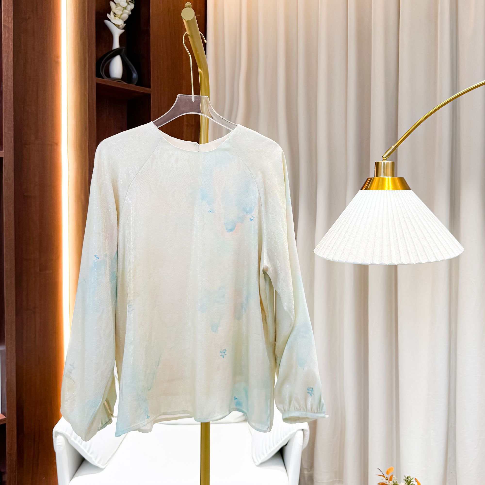 春夏桑蚕丝宽松圆领时尚百搭日常新中式重工女士长袖小衫上衣