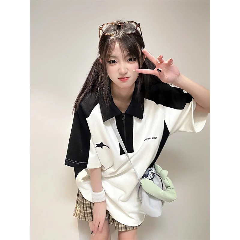 美式复古短袖女夏季韩版撞色拼接重磅polo衫T恤学院风上衣情侣ins