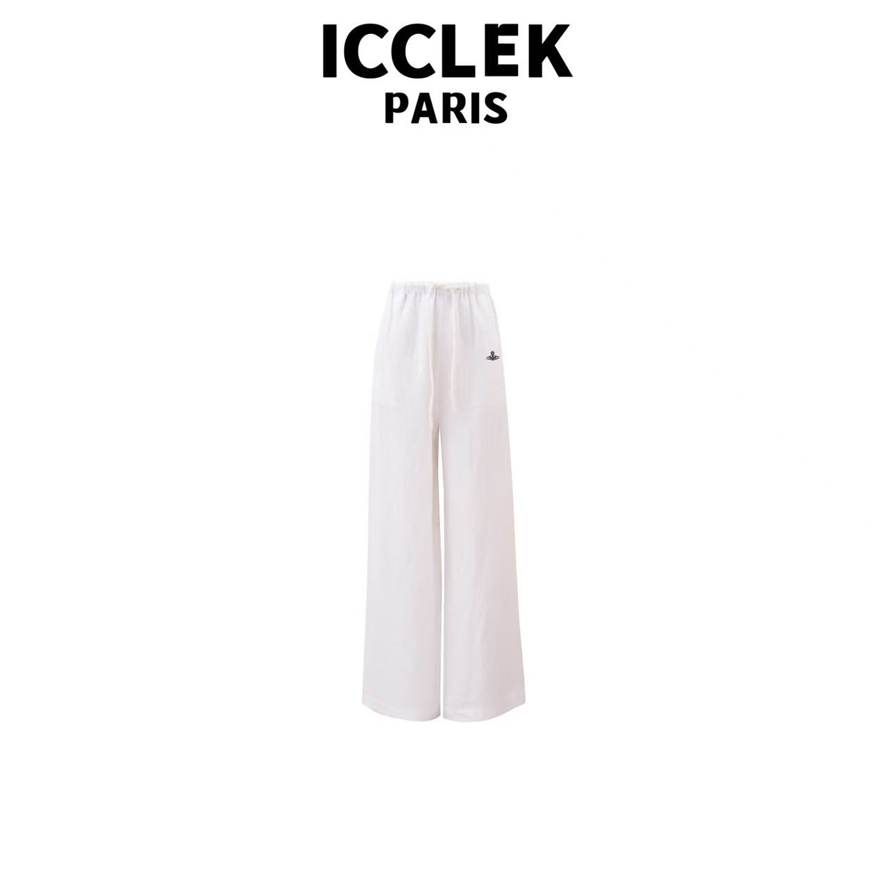 纯色松紧腰刺绣裤子经典休闲宽松百搭通勤显瘦阔腿裤-5458