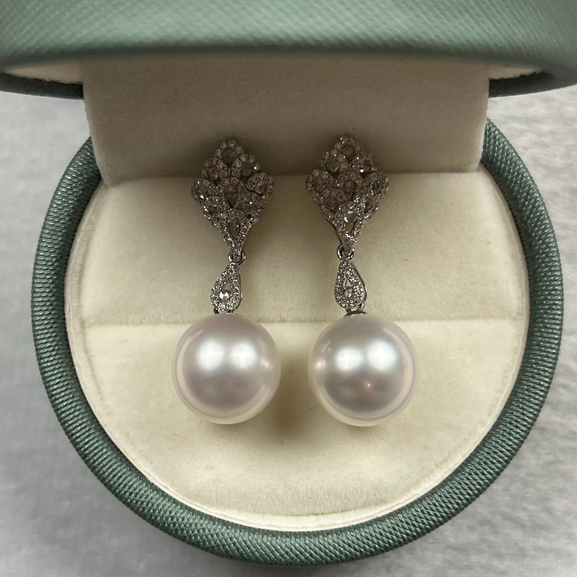 海水珍珠澳白珍珠耳坠18k金镶钻11-12mm正圆极强光时尚气质优雅