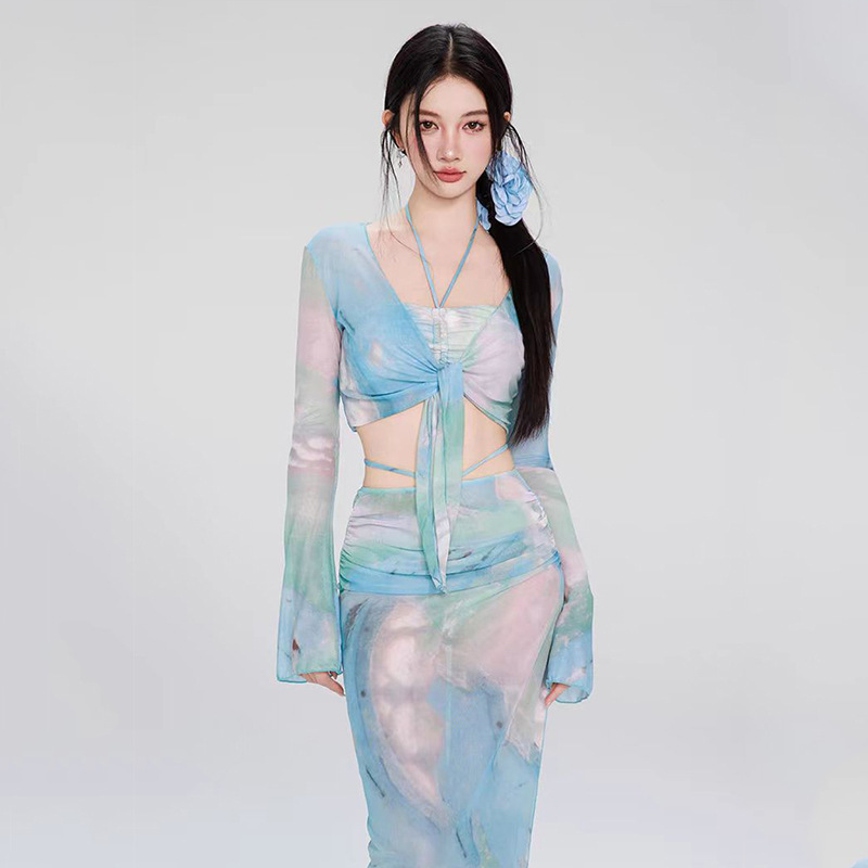 泳衣女分体比基尼四件套长袖长裙欧美新款泳装渡假海边泡温泉