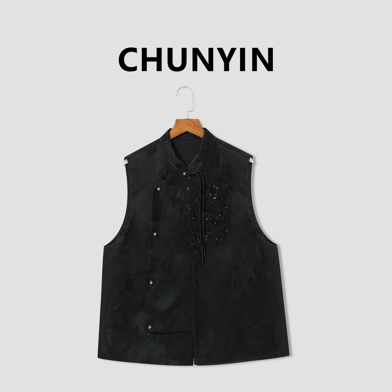 李心儿【淡墨】新中式国风设计师花纹刺绣亮片立领无袖马甲20998