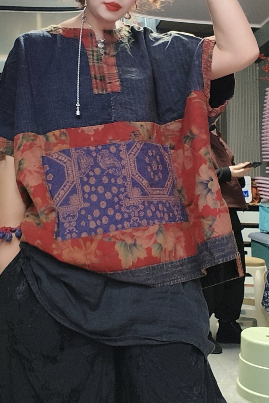 无吊牌砂洗做旧老粗布短袖衫颜色随机发