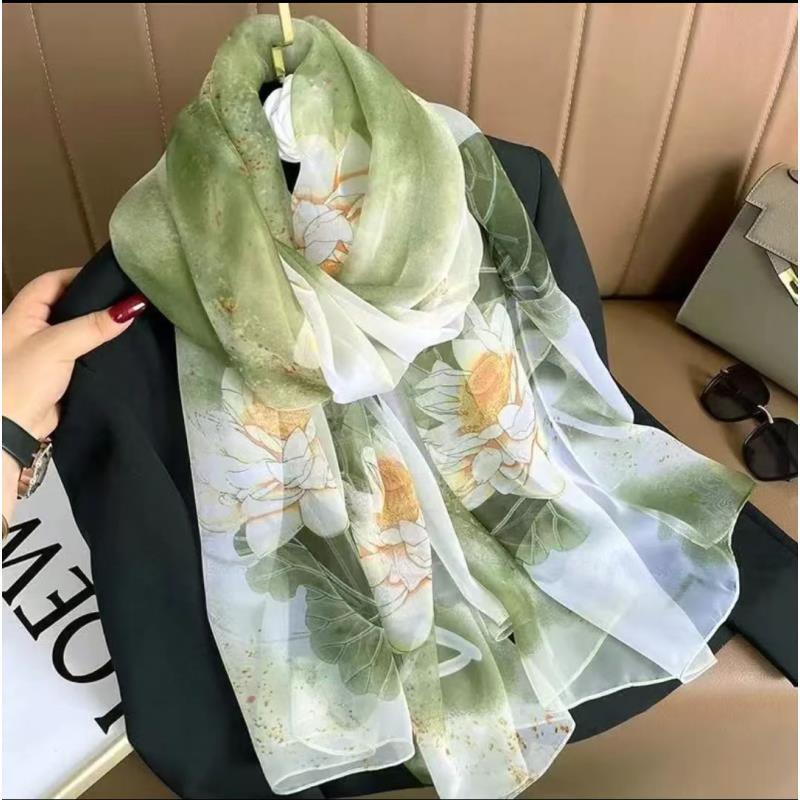 WJ812【绿荷丝影云朵纱女士130*180薄款民族风高质感穿搭法式丝巾