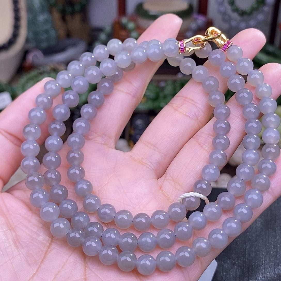 和田玉烟紫珠串约6MM清货价未镶嵌