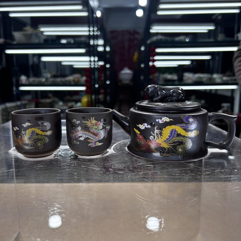 陶子茶具 黑泥紫砂龙凤呈祥变色紫砂壶一壶两杯家用泡茶壶-2454